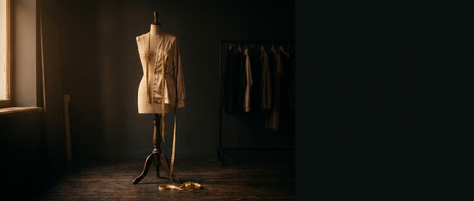 A tailor's dress form in a dark atelier, tape measure coiled beneath