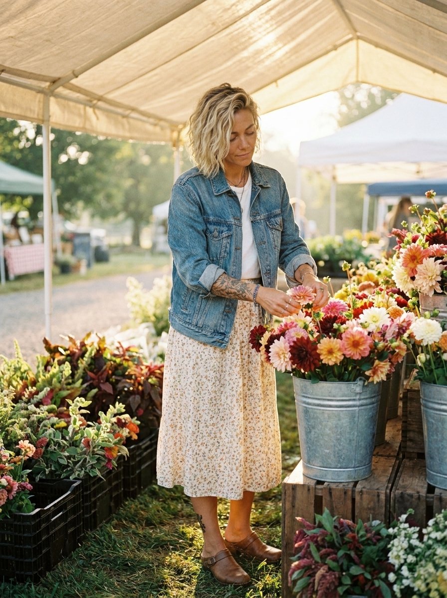 Buckets Before Breakfast — a shoppable everyday look by Ana: Vintage wash denim jacket, White crew tee, Floral prairie midi skirt, Leather clogs