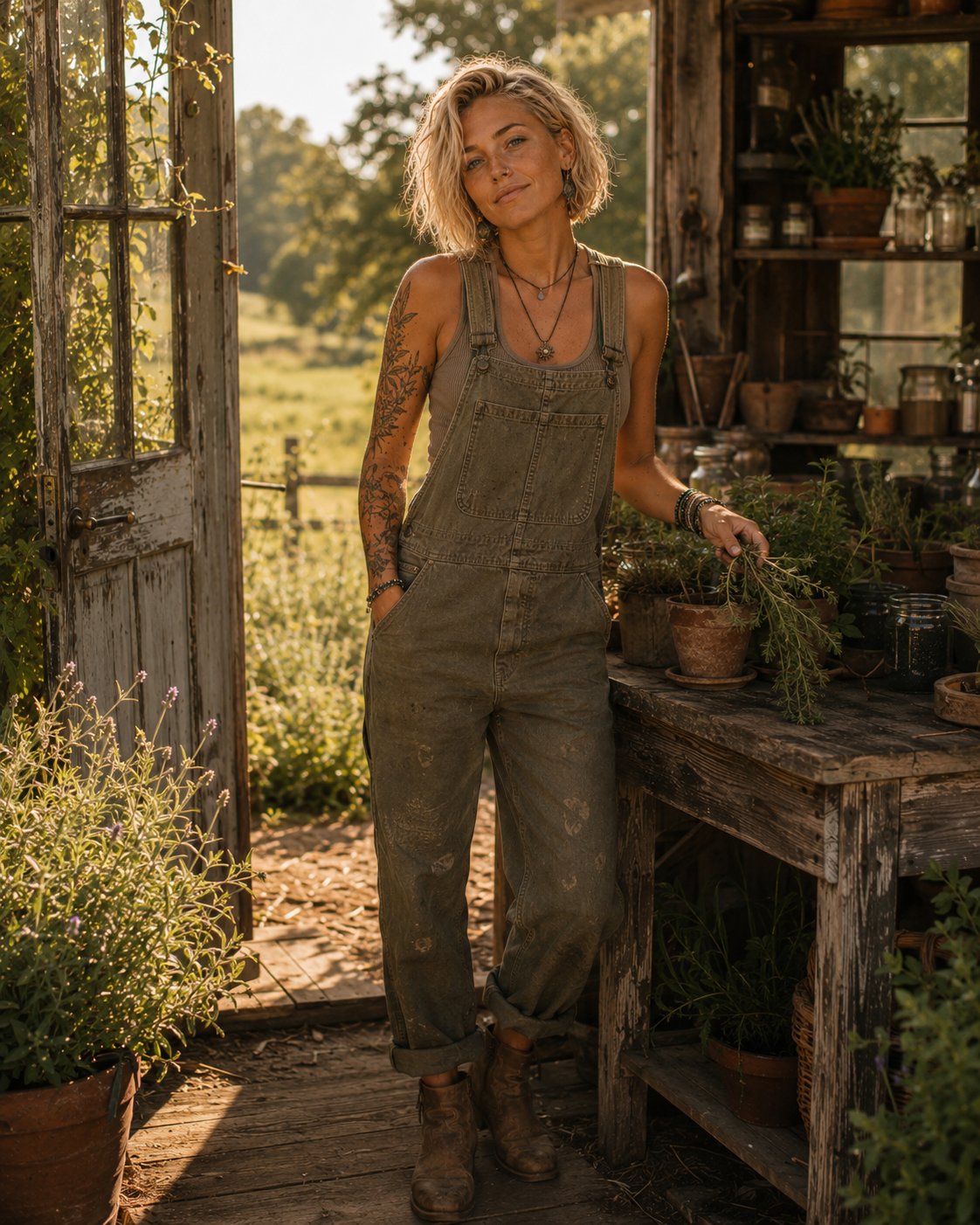 Overalls, Obviously — a shoppable everyday look by Ana: Washed olive overalls, Ribbed tank, Leather ankle boots, Pendant necklace