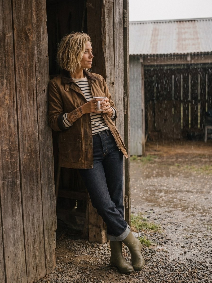 Rain, Tin Roof — a shoppable everyday look by Ana: Waxed canvas field jacket, Striped breton knit, Raw denim straight jeans, Rubber wellington boots