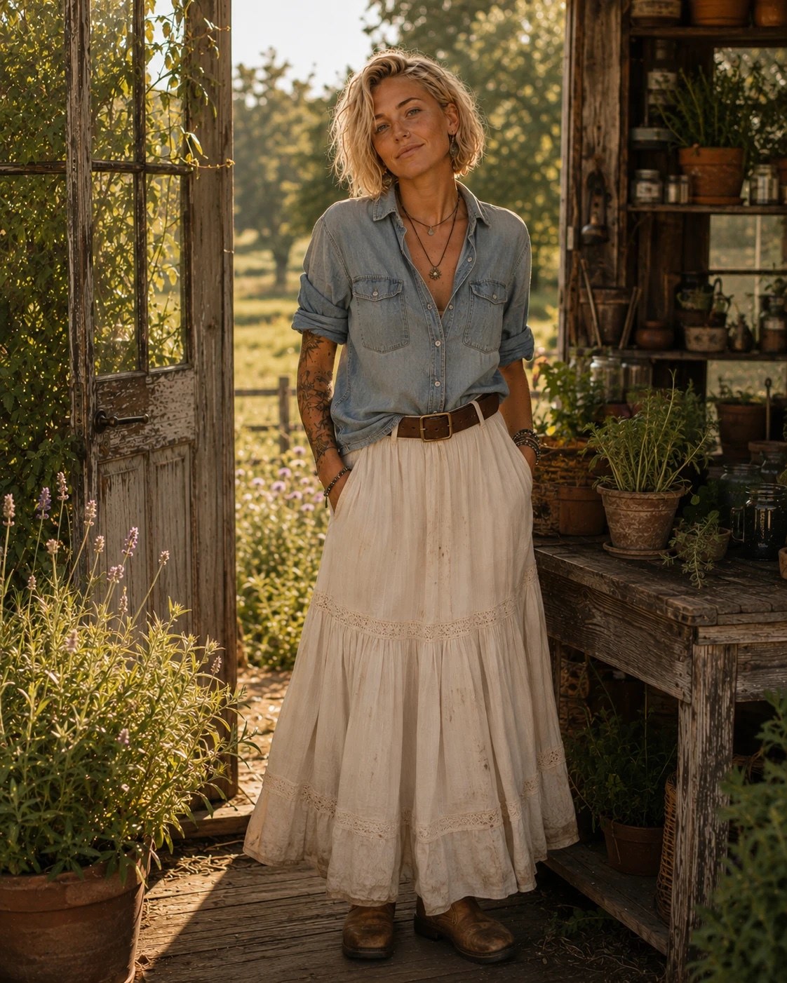 Potting Shed, Golden Hour — a shoppable everyday look by Ana: Washed denim shirt, Tiered lace prairie skirt, Wide leather belt, Brown leather boots, Layered necklaces