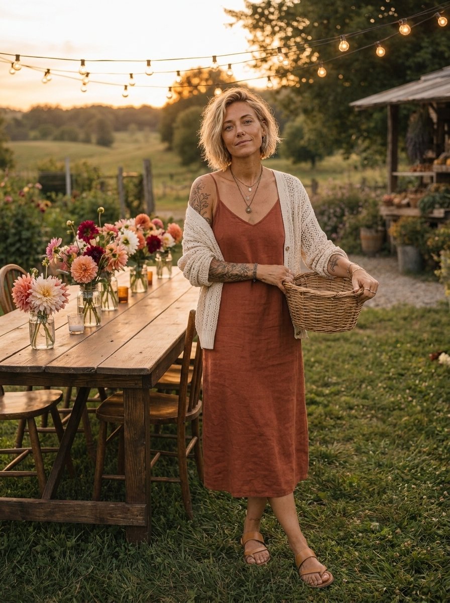 Supper in the Garden — a shoppable evening look by Ana: Layered pendant necklaces, Open-knit cotton cardigan, Rust linen slip midi dress, Woven basket bag, Flat leather sandals