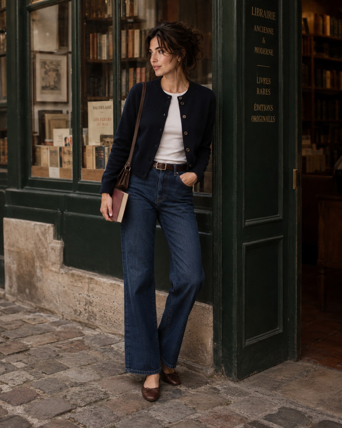 The Bookshop Cardigan — a shoppable everyday look by Bea: Navy gold-button cardigan, White cotton tee, Brown leather belt, Dark wash wide-leg jeans, Brown leather shoulder bag, Brown leather ballet flats
