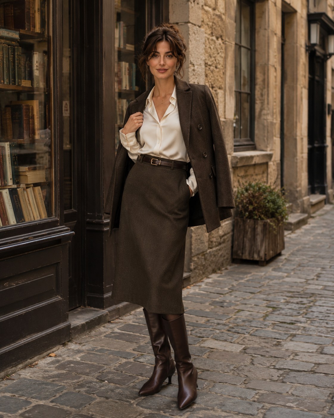 Everything in Brown — a shoppable work look by Bea: Brown tweed blazer, Ivory silk blouse, Brown leather belt, Brown wool midi pencil skirt, Tall brown leather boots