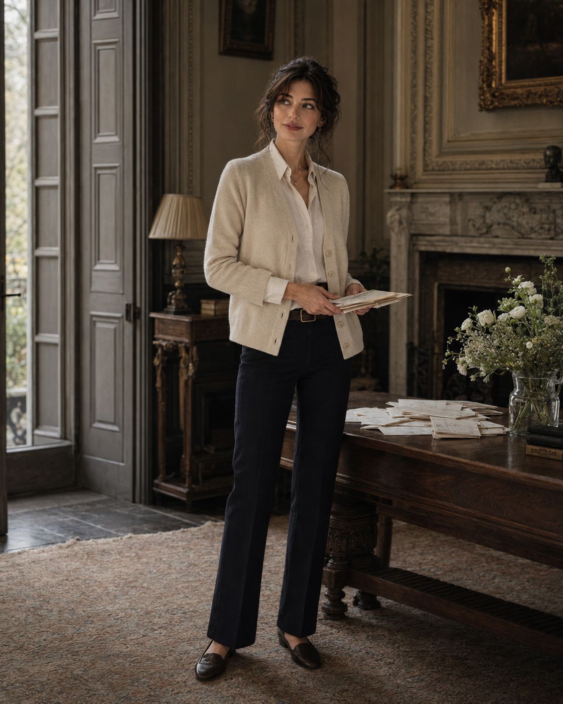 Letters After Breakfast — a shoppable everyday look by Bea: Oat wool cardigan, White poplin shirt, Navy trousers, Leather loafers