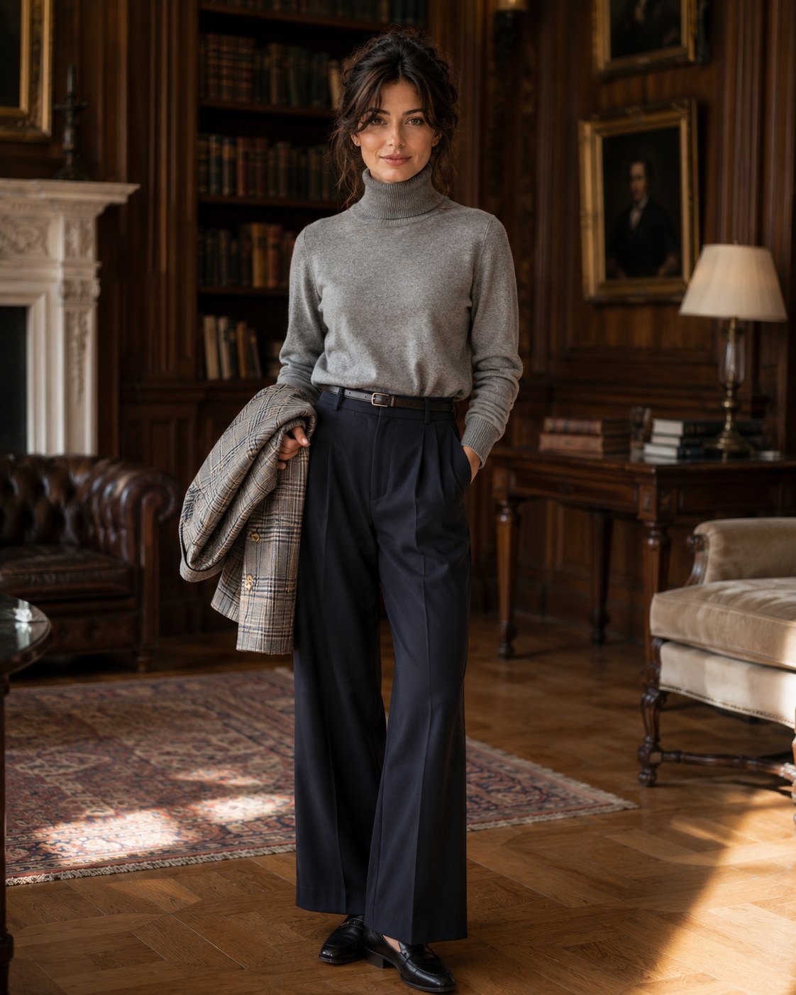 The Library Is Cold — a shoppable work look by Bea: Grey cashmere turtleneck, Prince of Wales check blazer, Brown leather belt, Navy wide-leg trousers, Black leather loafers