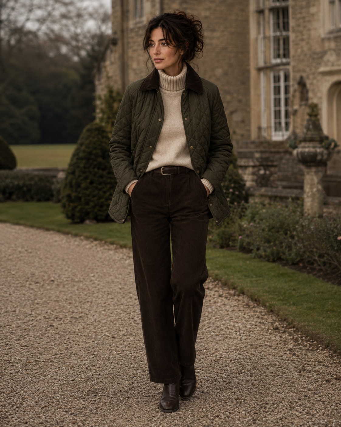 Gravel Drive — a shoppable everyday look by Bea: Olive quilted barn jacket, Cream chunky turtleneck, Brown leather belt, Brown corduroy wide-leg trousers, Brown leather ankle boots