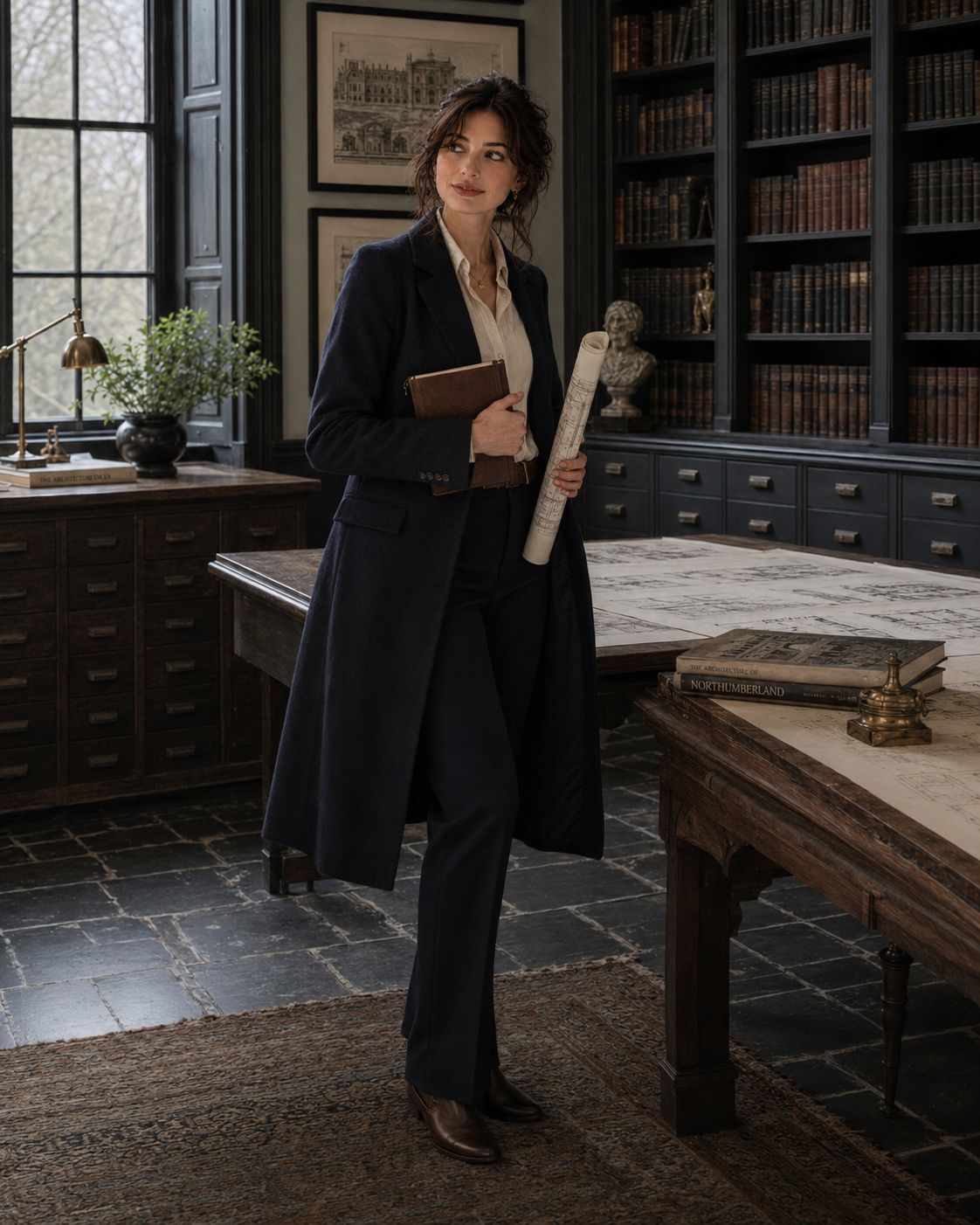 The Coat Decides — a shoppable work look by Bea: Long navy wool coat, Cream shirt, Navy tailored trousers, Brown chelsea boots, Leather journal