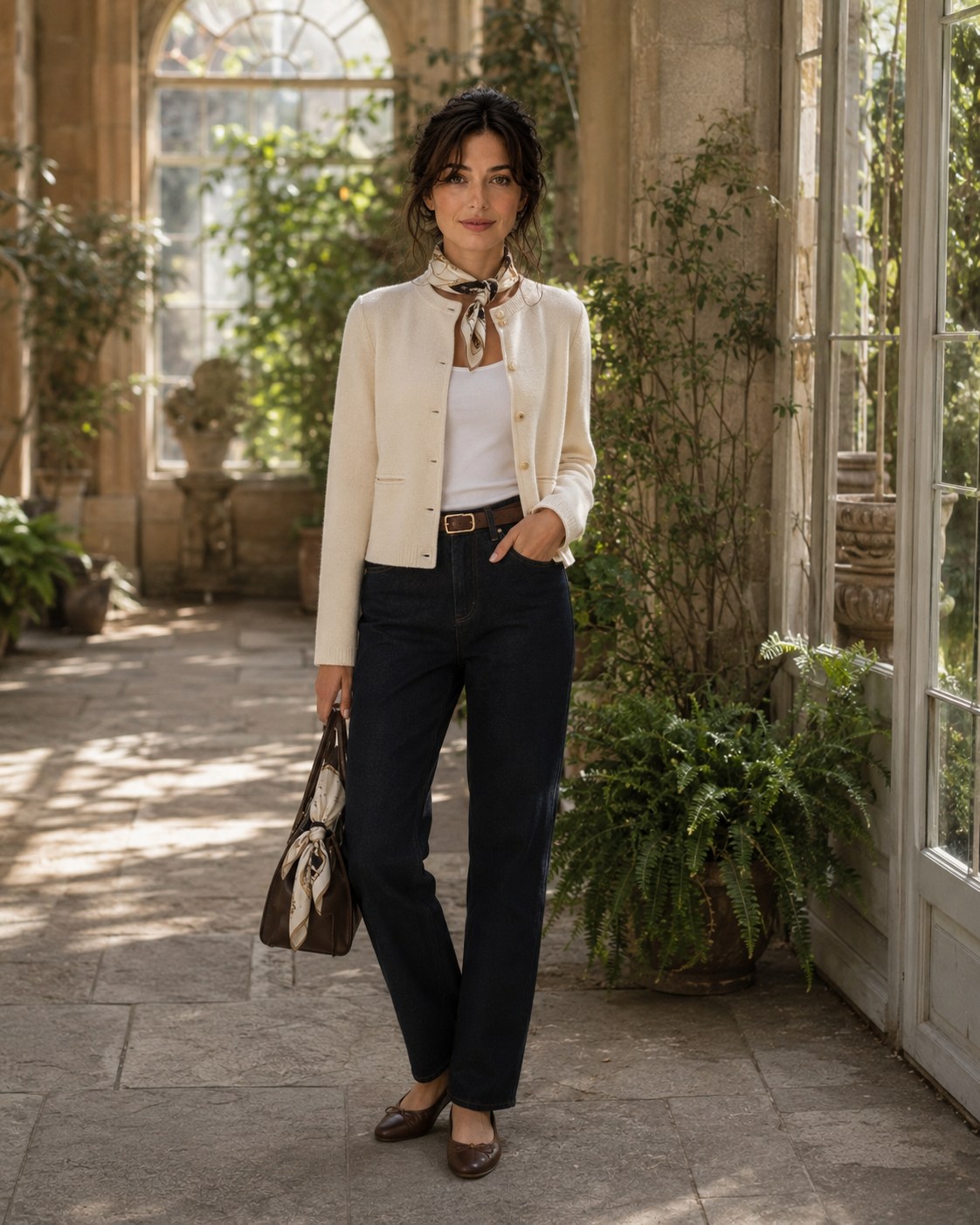 Orangery Light — a shoppable everyday look by Bea: Cream bouclé cardigan jacket, Printed silk neck scarf, White ribbed tank, Dark indigo straight jeans, Brown leather tote, Brown leather ballet flats