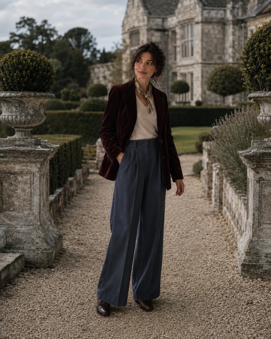 Walking the Parterre — a shoppable everyday look by Bea: Burgundy velvet blazer, Silk neck scarf, Cream V-neck tee, Slate wide-leg trousers, Brown leather loafers