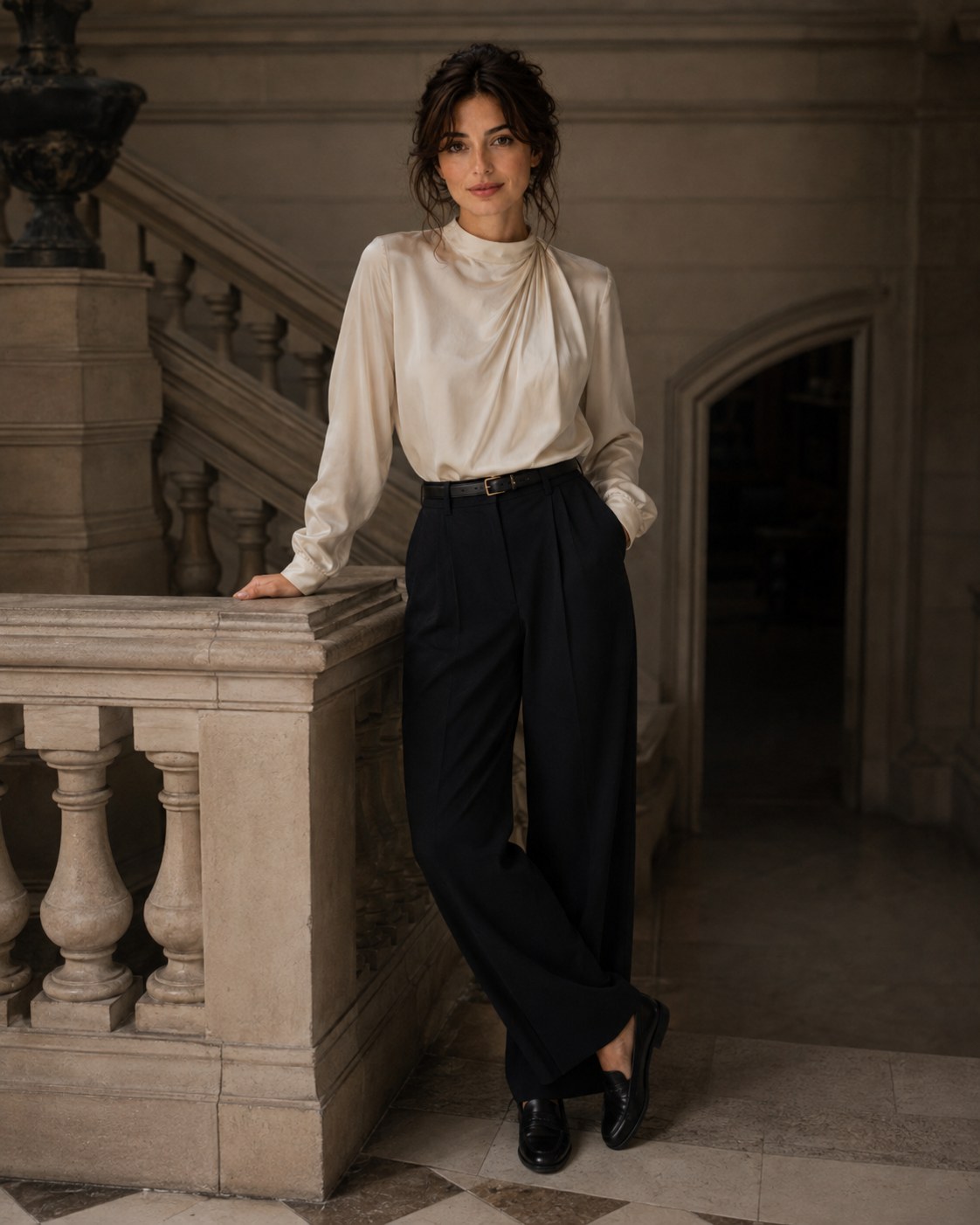 Two Colours, One Staircase — a shoppable evening look by Bea: Ivory draped silk blouse, Black leather belt, Black wide-leg trousers, Black leather loafers