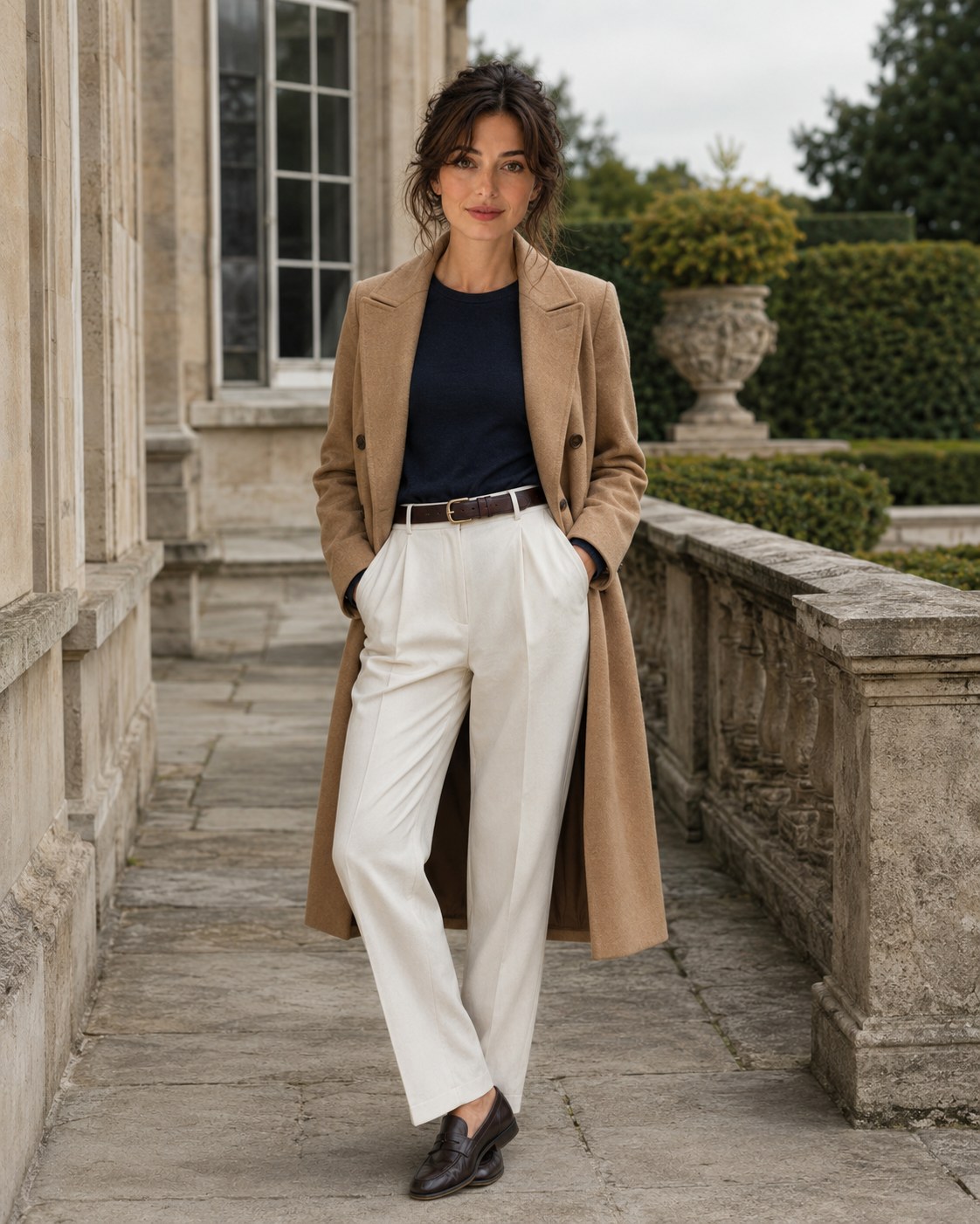 Terrace Weather — a shoppable everyday look by Bea: Camel wool overcoat, Navy merino tee, Brown leather belt, Cream pleated wide-leg trousers, Brown leather loafers