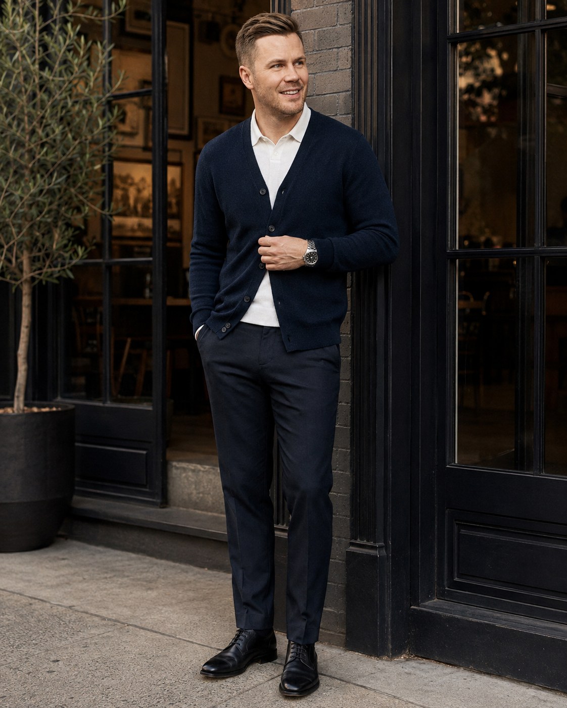 The Soft Launch — a shoppable everyday look by JT: Navy cardigan, White knit polo, Steel watch, Navy trousers, Black derbies