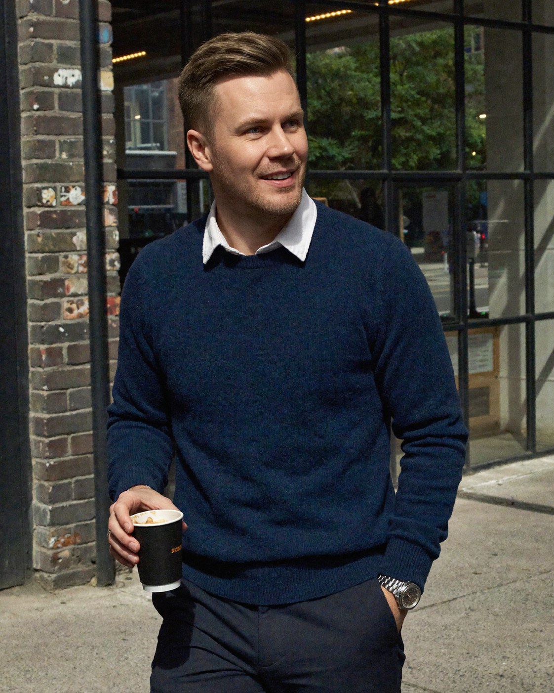 Coffee Before Calls — a shoppable everyday look by JT: Navy lambswool crewneck, White oxford shirt, Navy chinos, Steel watch