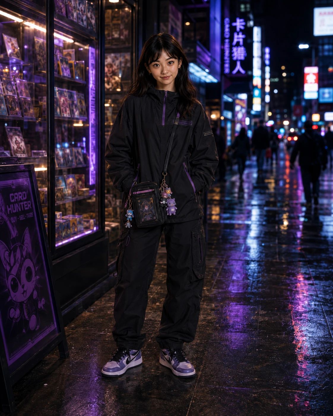 Card Hunter — a shoppable street look by Mina: Technical zip jacket, Card-case crossbody, Nylon tech cargos, Purple high-tops