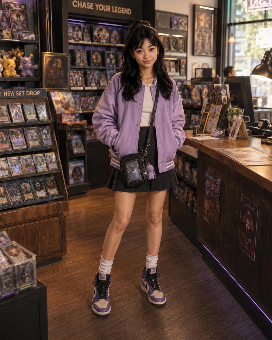 New Set Drop — a shoppable street look by Mina: Lavender varsity jacket, White boxy crop tee, Card-case crossbody, Pleated mini skirt, Slouch crew socks, Purple high-tops