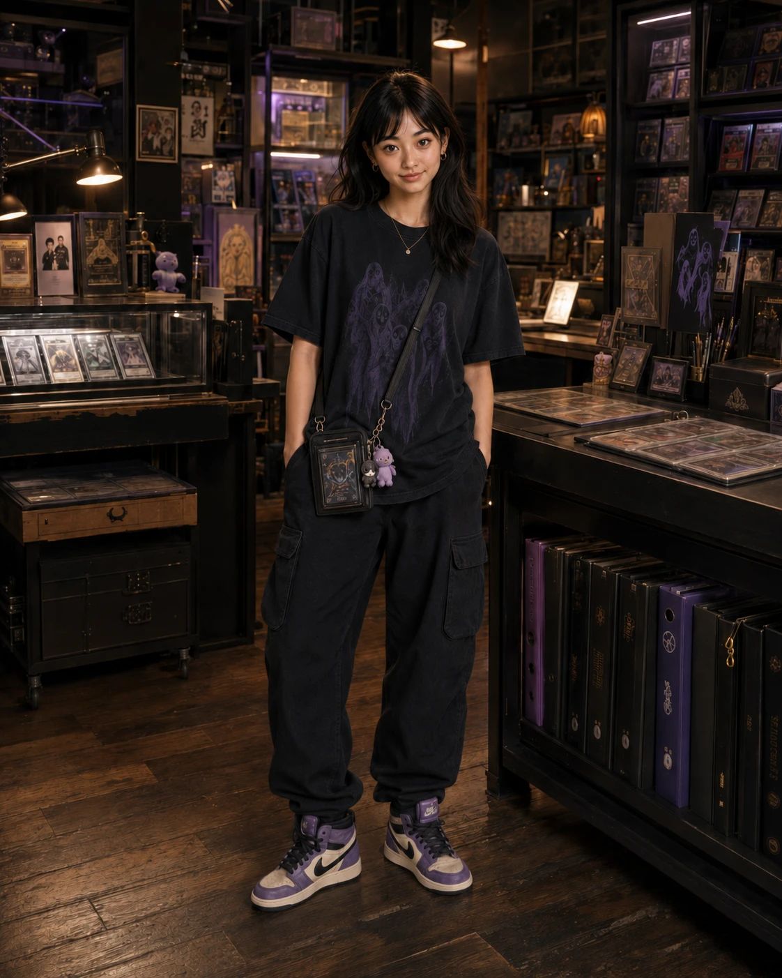 Pull Day — a shoppable street look by Mina: Gold hoops + pendant, Ghost-print oversized tee, Card-case crossbody, Baggy black cargos, Purple high-tops