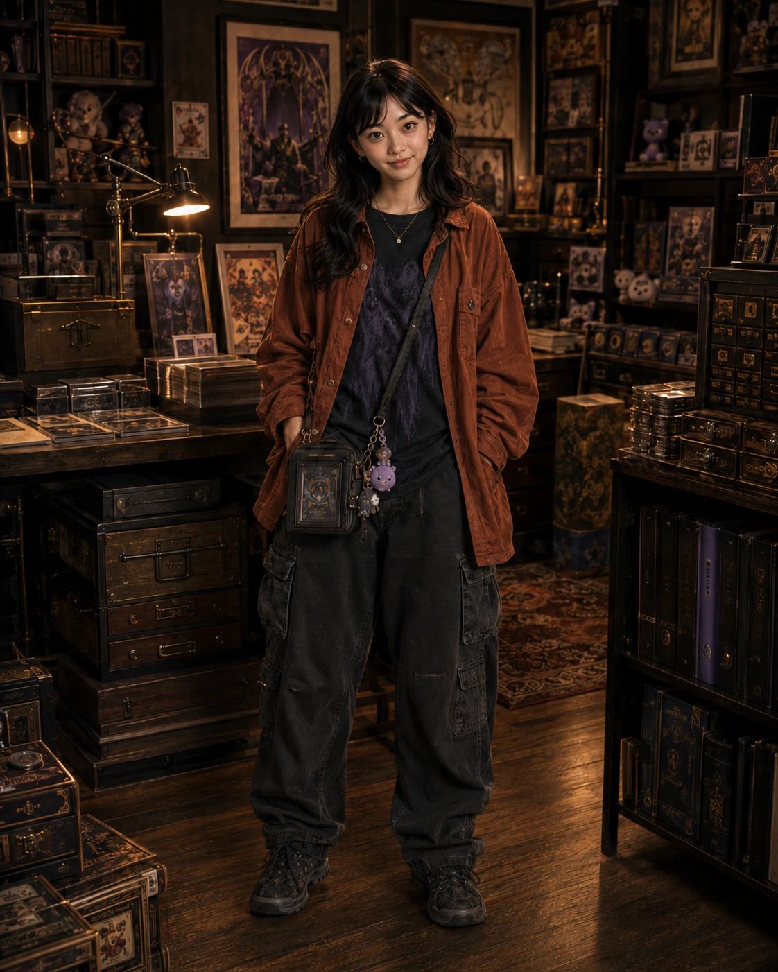The Vault Run — a shoppable everyday look by Mina: Rust corduroy overshirt, Ghost-print tee, Card-case crossbody, Baggy washed cargos, Chunky trail sneakers