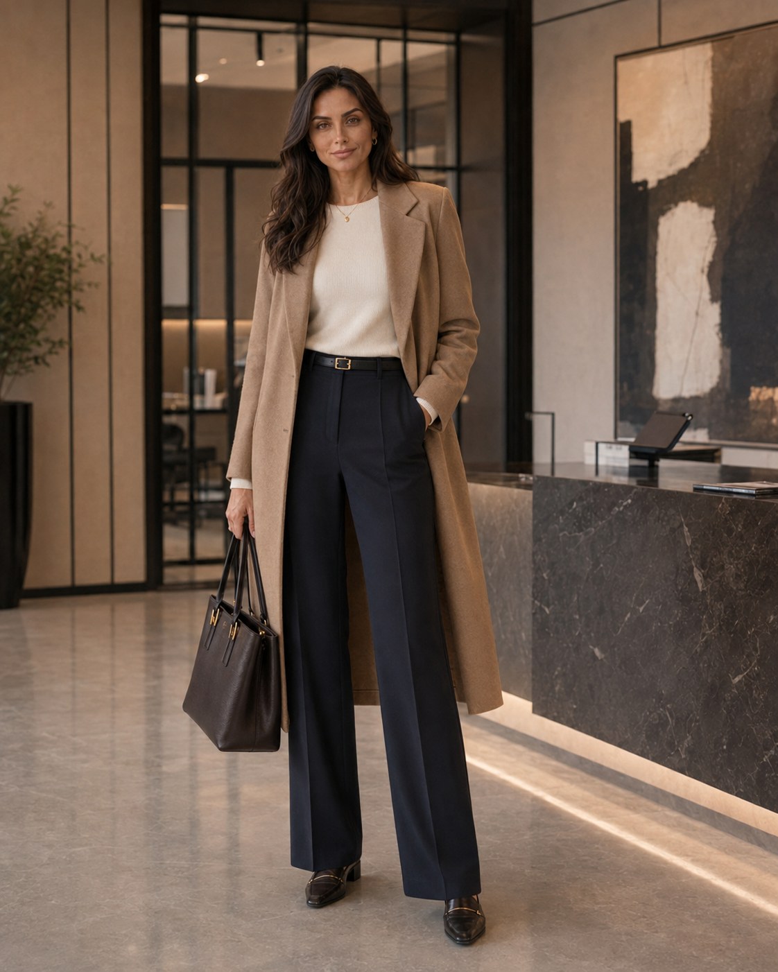 Camel Over Navy — a shoppable work look by Nelly: Camel longline wool coat, Cream ribbed crewneck sweater, Navy wide-leg trousers, Brown leather loafers, Chocolate leather tote, Slim leather belt