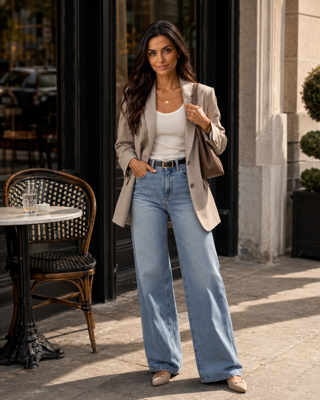 Denim Deserves Tailoring — a shoppable everyday look by Nelly: Oatmeal linen blazer, Ivory ribbed tank, Gold pendant necklace, Black leather belt, Light wash wide-leg jeans, Taupe leather shoulder bag, Nude pointed flats