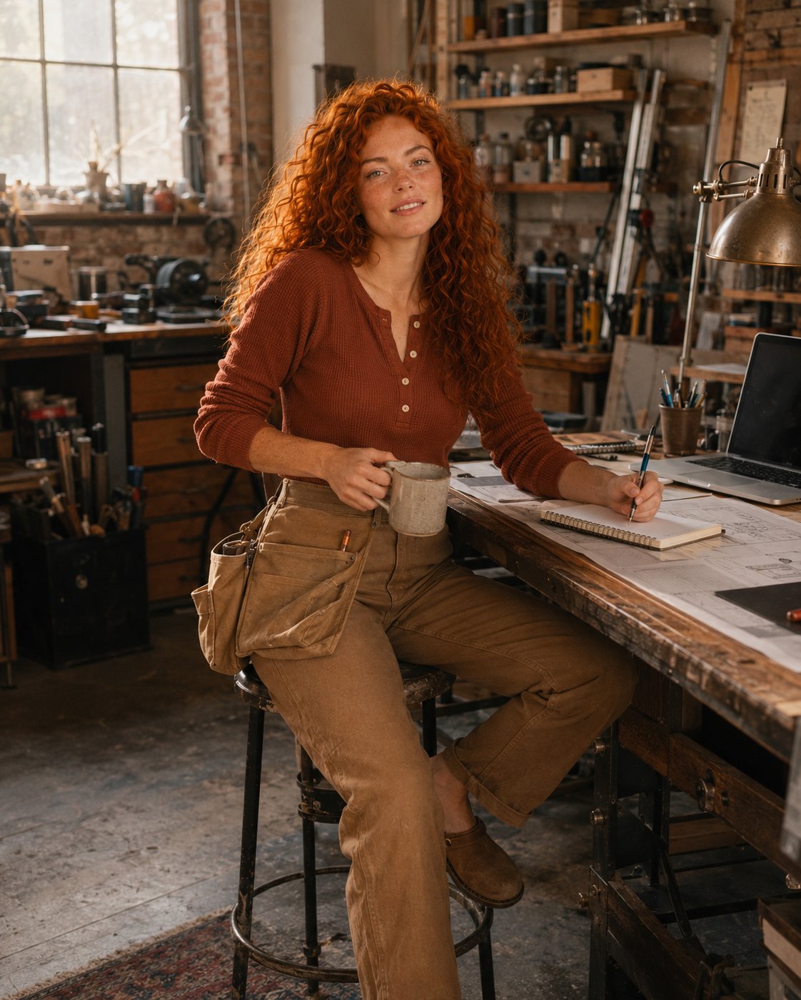 First Coffee, Then Cuts — a shoppable everyday look by Sam: Rust waffle henley, Carpenter pants, Canvas tool belt, Suede clogs