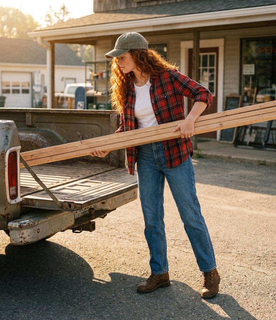 Lumber Run — a shoppable everyday look by Sam: Olive canvas cap, Plaid flannel shirt, White crew tee, Straight-leg jeans, Leather work boots