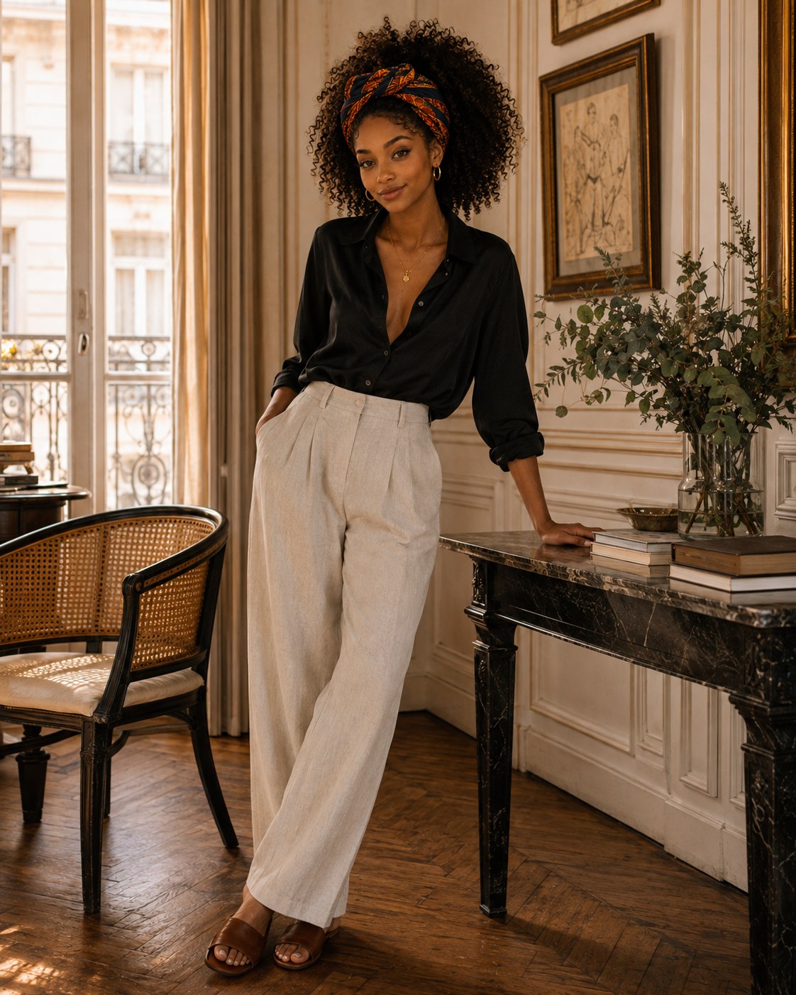 Black Shirt, Every Trip — a shoppable evening look by Zoe: Black silk shirt, Oatmeal linen pleated trousers, Gold pendant necklace, Gold hoop earrings, Brown leather slides