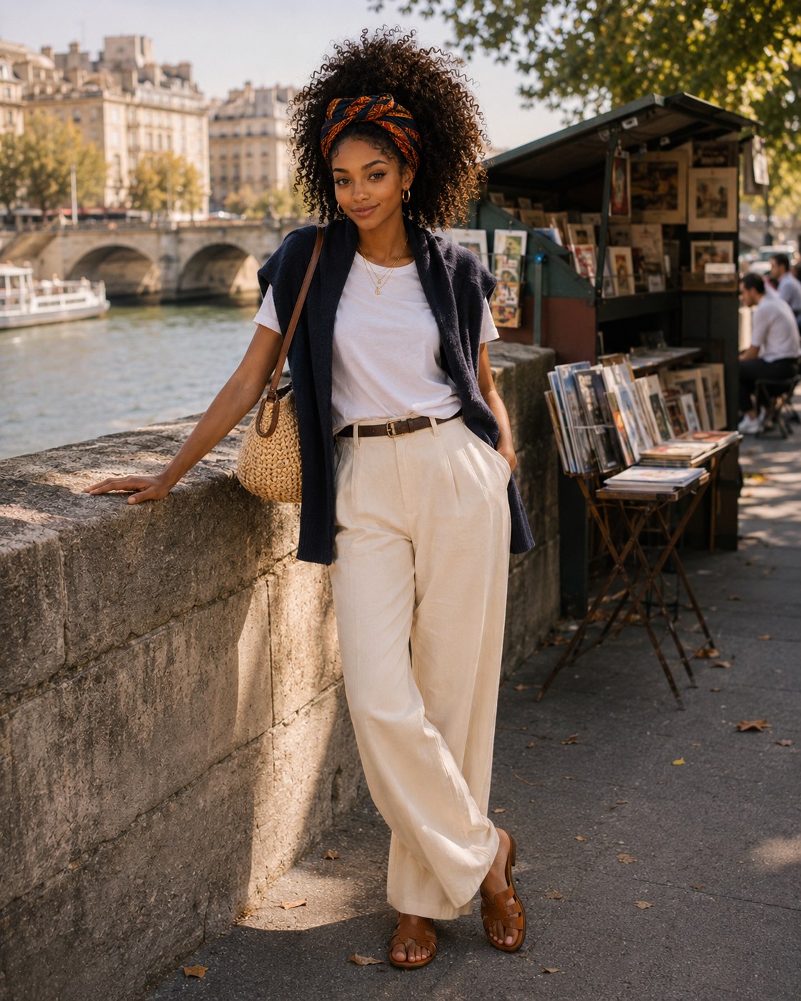 Bouquinistes, Then Lunch — a shoppable everyday look by Zoe: Navy cotton sweater, White cotton tee, Brown leather belt, Cream wide-leg trousers, Straw shoulder bag, Tan leather sandals