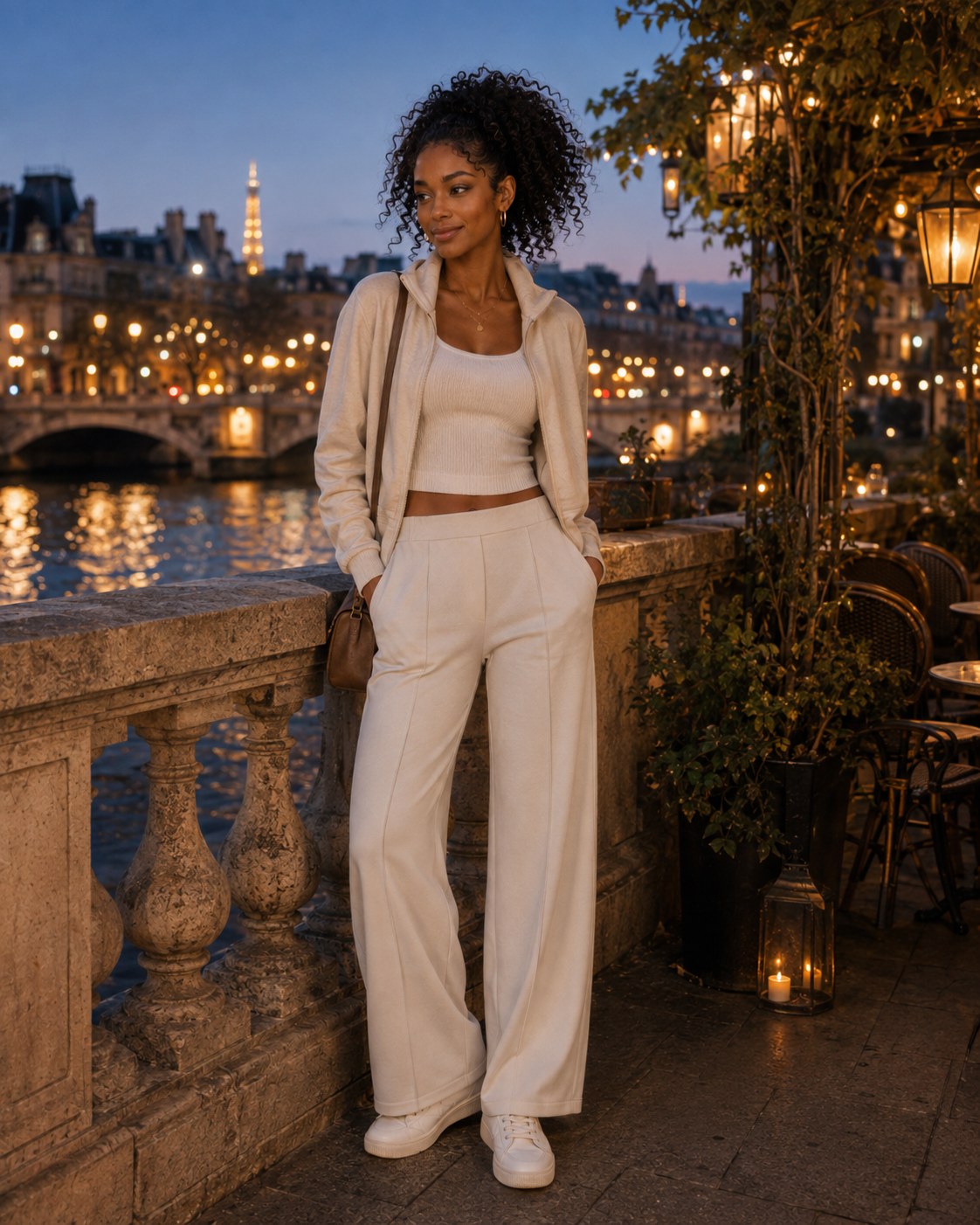 Blue Hour, Same Set — a shoppable athleisure look by Zoe: Cream zip hoodie jacket, Cream ribbed crop tank, Cream pleated knit wide-leg trousers, Gold pendant necklace, Brown leather shoulder bag, White leather sneakers