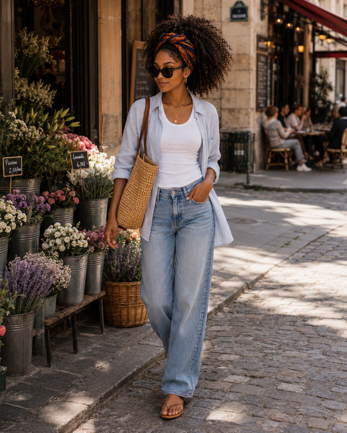 The Flower Stand Detour — a shoppable street look by Zoe: Light blue linen shirt, White ribbed tank, Light wash wide-leg jeans, Raffia tote bag, Black sunglasses, Brown thong sandals