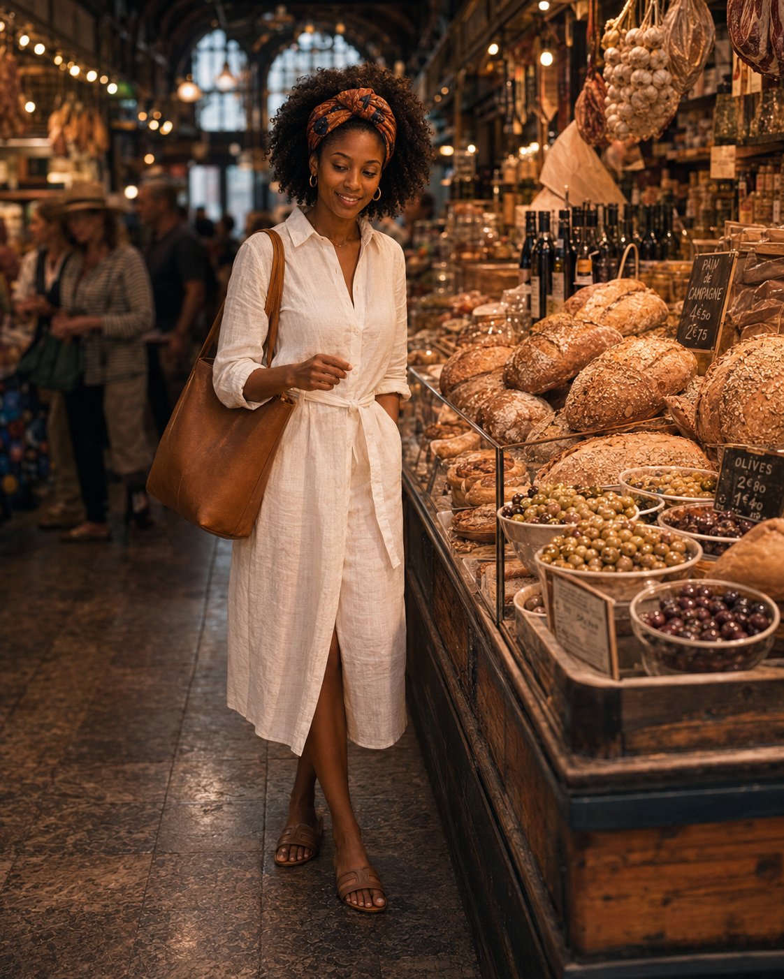 Market Morning — a shoppable everyday look by Zoe: White linen shirtdress, Leather tote, Leather slide sandals, Printed silk headwrap