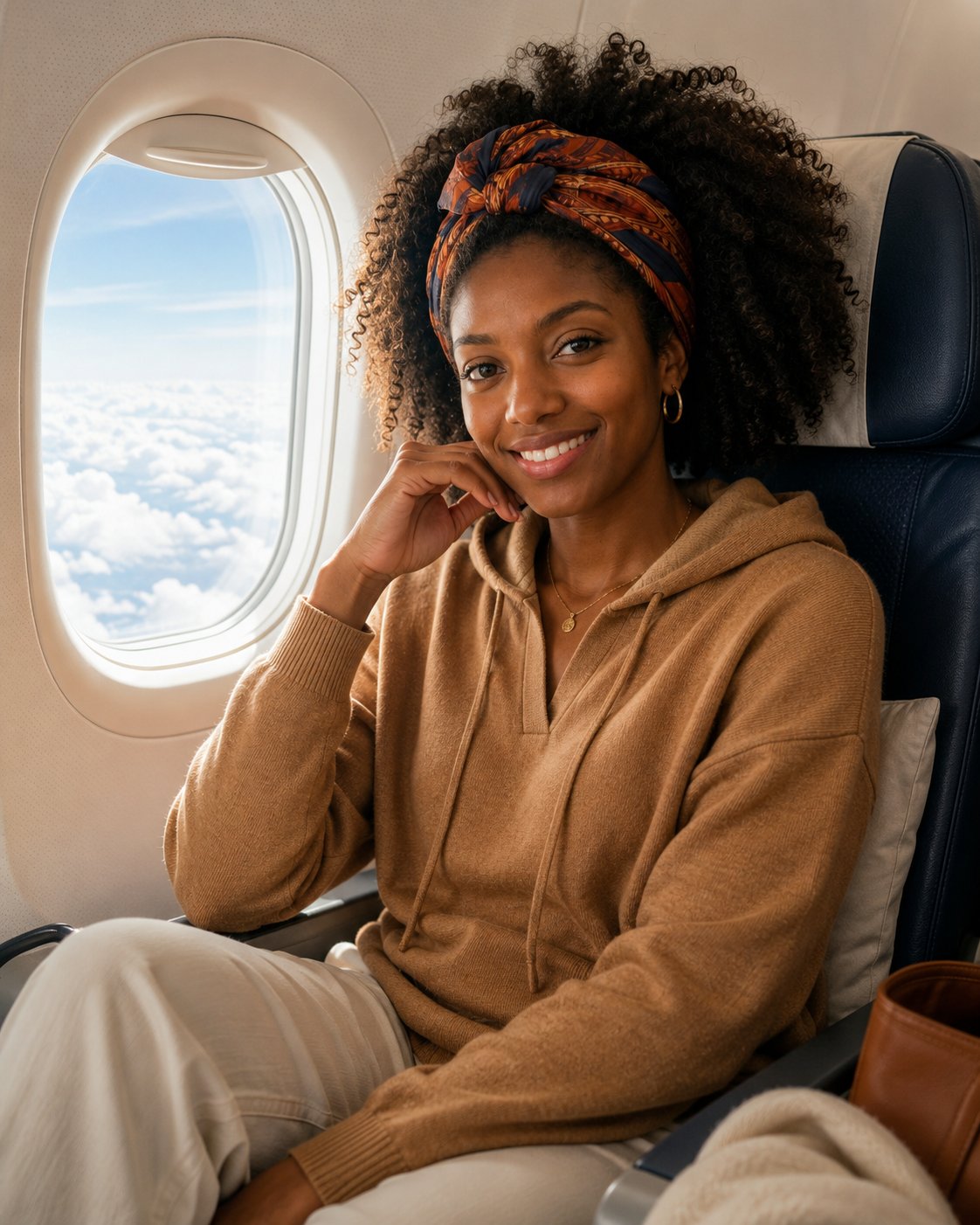 The Long-Haul Uniform — a shoppable street look by Zoe: Camel knit hoodie, Linen wide-leg pants, Printed silk headwrap, Gold hoop earrings