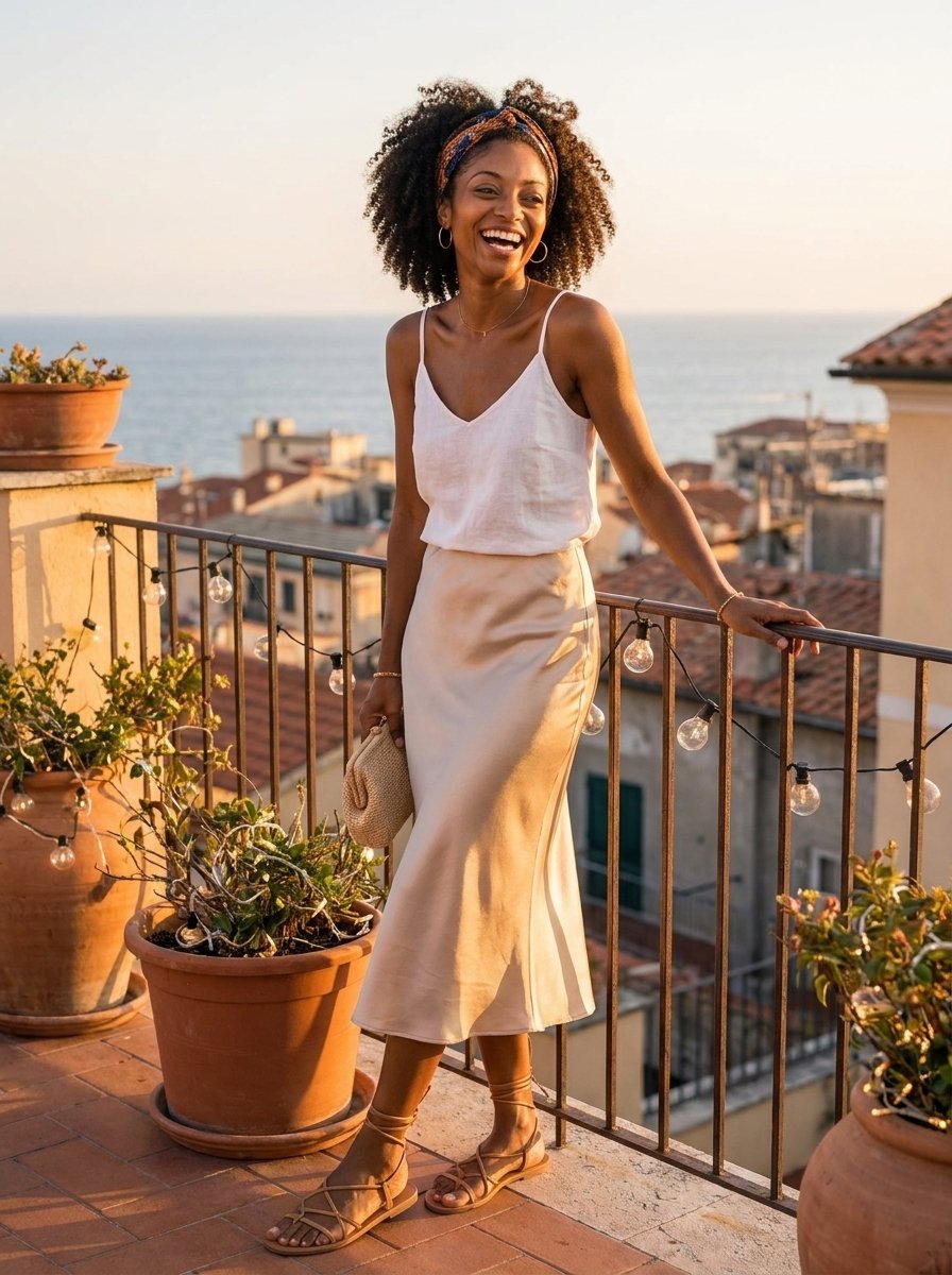 Rooftop, Last Night — a shoppable evening look by Zoe: Gold hoop earrings, White linen camisole, Champagne satin midi skirt, Woven straw clutch, Strappy flat sandals