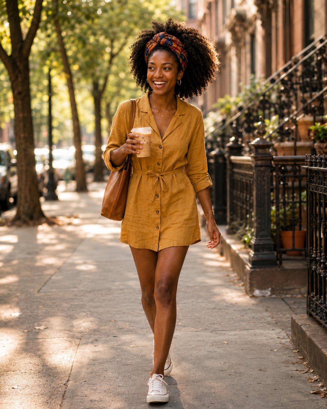 Iced Coffee Weather — a shoppable street look by Zoe: Mustard linen shirtdress, White low-top sneakers, Leather shoulder bag, Printed silk headwrap