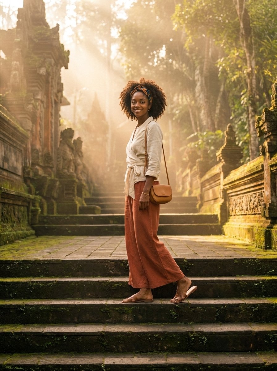 Temple Steps at Seven — a shoppable everyday look by Zoe: Printed silk headwrap, Cream linen wrap top, Terracotta wide-leg pants, Leather crossbody bag, Leather slide sandals
