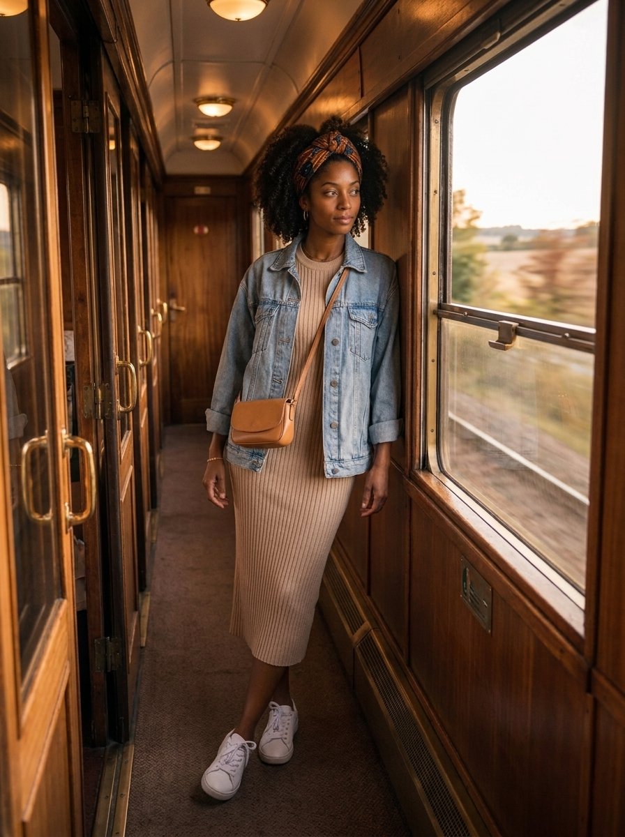 The Overnight South — a shoppable street look by Zoe: Printed silk headwrap, Light-wash denim jacket, Ribbed knit midi dress, Leather crossbody bag, White leather sneakers